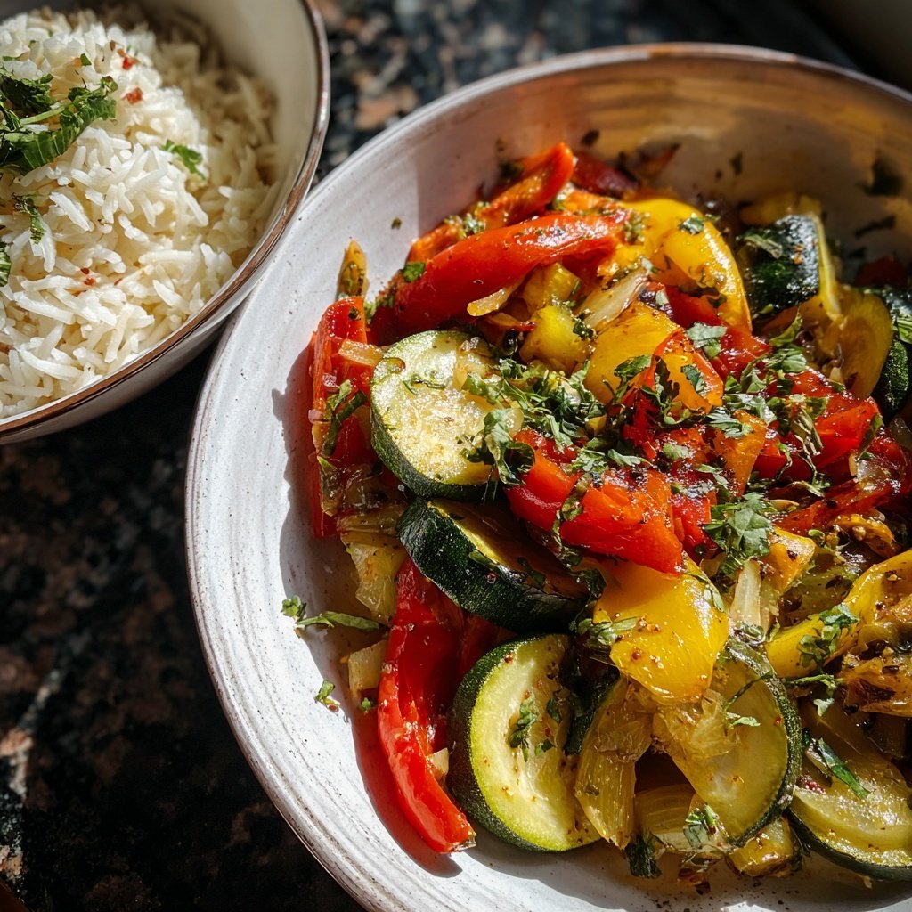 Mittagessen mit Gemüsepfanne und Reis